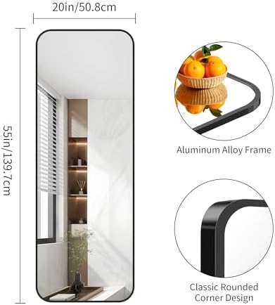FORBATH Bathroom Mirror 20" x 55", Rectangle Black Bathroom Mirror with Black Aluminum Frame Rounded Corner, Wall Mounted Mirror for Bedroom Entryway Living Room