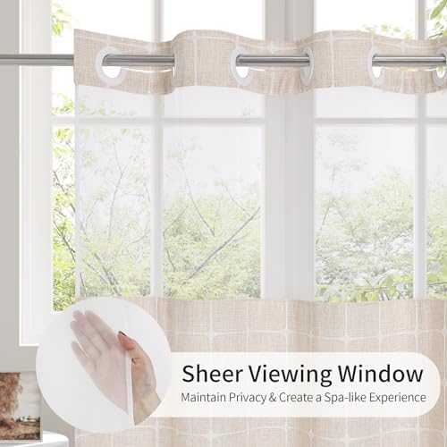 MitoVilla No Hooks Required Farmhouse Shower Curtain with Snap-in Liner - with Window & Magnets, Boho Cotton Linen Fabric Shower Curtains with Tassels for Rustic Bathroom Decor, Beige/Cream, 72 x 74