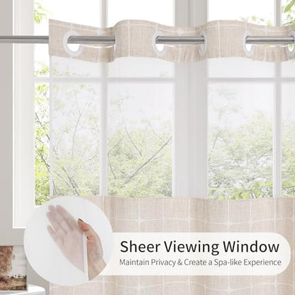 MitoVilla No Hooks Required Farmhouse Shower Curtain with Snap-in Liner - with Window & Magnets, Boho Cotton Linen Fabric Shower Curtains with Tassels for Rustic Bathroom Decor, Beige/Cream, 72 x 74