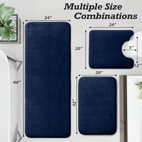 HUXMEYSON Bathroom Rugs Sets 3 Piece, Non-Slip & Quick Dry Bath Mat Set, Ultra Soft Velvet Bath Rugs for Bathroom, Toilet and Shower Floor, Navy
