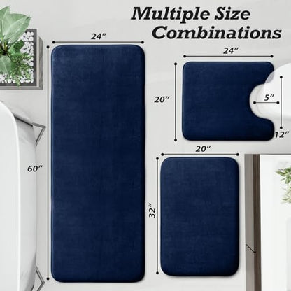 HUXMEYSON Bathroom Rugs Sets 3 Piece, Non-Slip & Quick Dry Bath Mat Set, Ultra Soft Velvet Bath Rugs for Bathroom, Toilet and Shower Floor, Navy