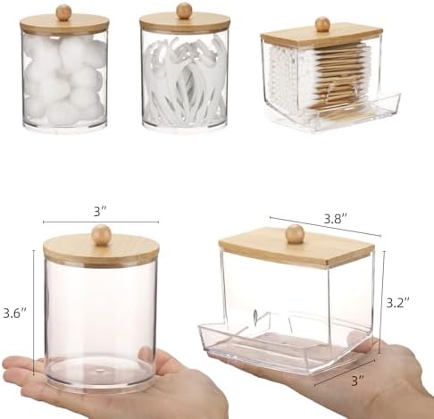 Tbestmax Qtips Dispenser Bathroom Container, 10/12 oz Cotton Ball Holder, Apothecary Jar Organizer for Storage Cotton Swab, Floss Picks (Bamboo Lids)
