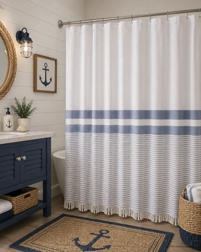 Serafina Home Nautical Striped Blue, Gray & White Cotton Shower Curtain