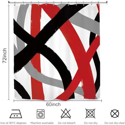 Black Red Gray Modern Shower Curtain 60Wx72L Inch Abstract Minimalist Contemporary Art Line Neutral Simple Bathroom Set Accessories Decor with 12 Pack Hooks