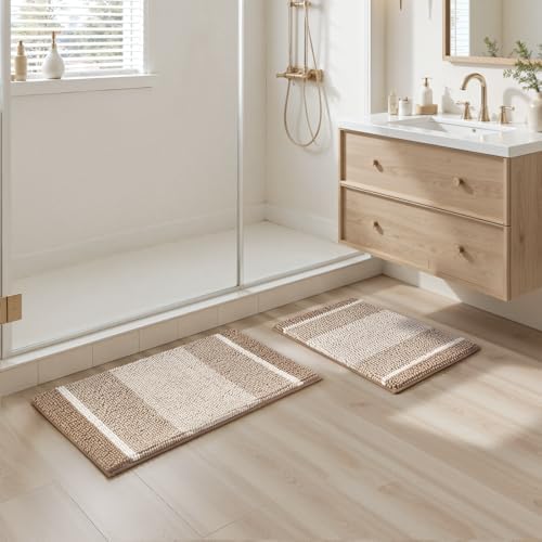 HOMEIDEAS Beige Bathroom Rugs Set of 2, Striped Chenille, 20"x32"+17"x24"