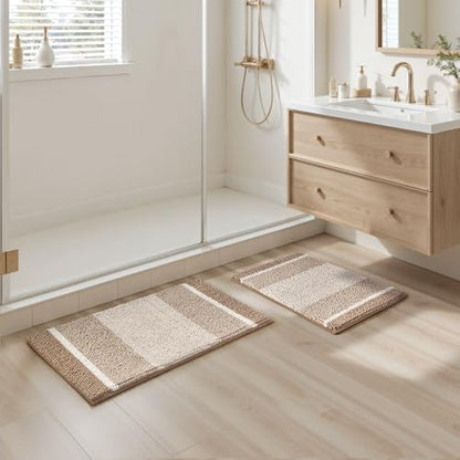 HOMEIDEAS Beige Bathroom Rugs Set of 2, Striped Chenille, 20"x32"+17"x24"