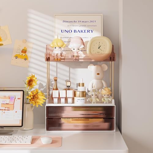 Delamu 4-Tier Makeup Organizer, Bathroom Counter, 2 Drawers, Grapefruit