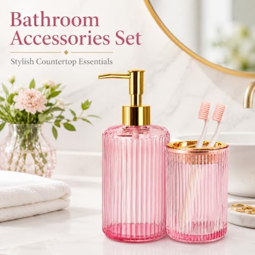Pink Glass Bathroom Accessories Set, Soap Dispenser and Toothbrush Holder