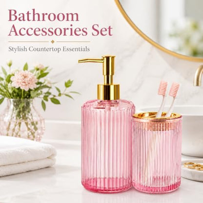 Pink Glass Bathroom Accessories Set, Soap Dispenser and Toothbrush Holder