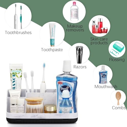 GFWARE Marble Bathroom Countertop Organizer - Detachable 7 Slots Kids Electric Toothbrush and Toothpaste Holde Drainage for Bathroom Accessories Organization Counter Vanity Storage, Black