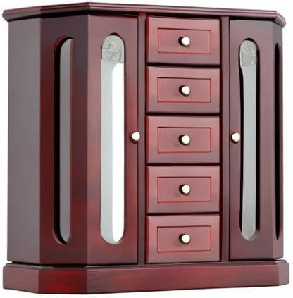RR ROUND RICH DESIGN Vintage Jewelry Armoire with Mirror Brown | - Solid Wood Jewelry Box Organizer with 5 Drawers & 2 Glass Doors - Large Capacity Desktop Dresser Case