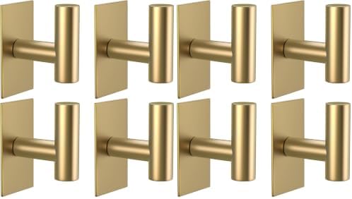 VAEHOLD Wall Towel Hooks, Heavy Duty Sticky Holder Waterproof Towel Hooks for Hanging Coat, Clothes, Closet Hook Wall Mount for Kitchen (Gold, 8 Pack)