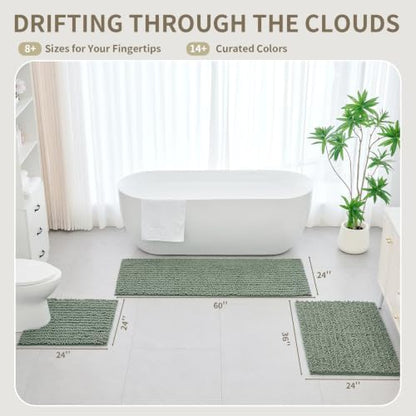Bathroom Rugs Non Slip Washable 55x24, Extra Thick Soft Chenille Absorbent Bath Mat, High Density Barrier Non Slip Backing, Quick Dry Plush Shaggy Floor Carpet for Tub&Shower, Sage Green