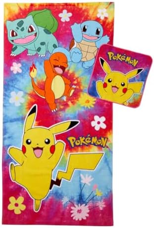 Pokemon Gamer Kids Bath/Pool/Beach Soft Absorbent Cotton Terry Towel with Washcloth 2 Piece Set, 50 in x 25 in, (Officially Licensed Product) by Franco