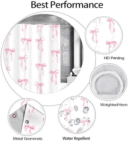 Pink Bow Shower Curtain for Bathroom Decor, Teen Girls Theme, 72x72In
