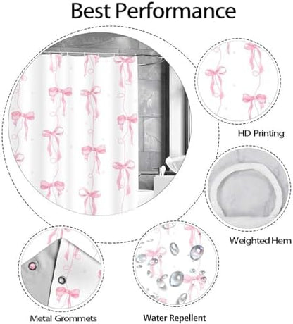 Pink Bow Shower Curtain for Bathroom Decor, Teen Girls Theme, 72x72In