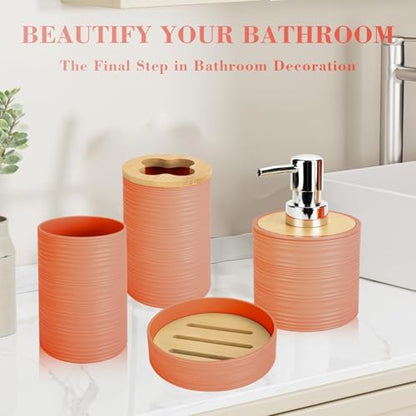 4PCS Orange Bathroom Set, Soap Dispenser, Dish & Bamboo Holder, Rustic