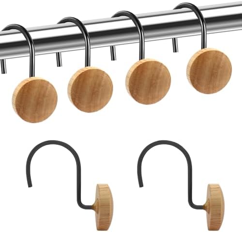 Shower Curtain Hooks, Wood Decorative Shower Curtain Rings, Modern Round Log Shower Curtain Hangers, 12PCS Shower Hooks for Shower Curtain Rod, Bedroom, Living Room (Black 1)