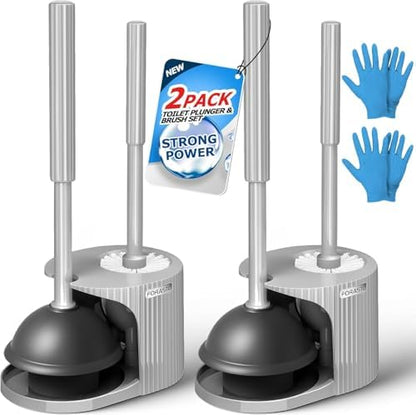 FORASTO 2Pack 3in1 Toilet Brush and Plunger Set - Bathroom Bowl Holder Kit