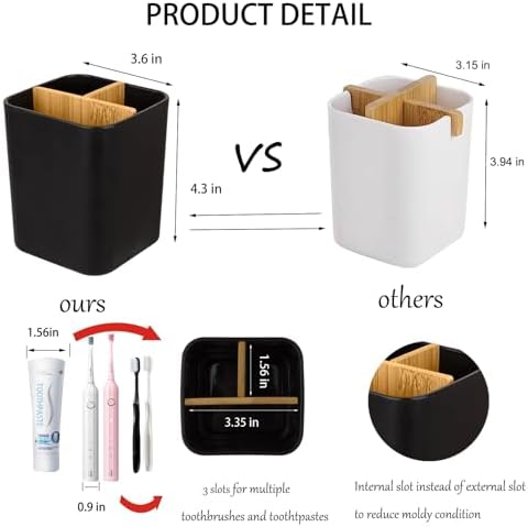 Bamboo Toothbrush Holder for Bathrooms Toothpaste Organizer, 2 Pack, Black