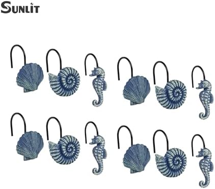 Sunlit Seashells Decorative Shower Curtain Hooks, Blue Ocean Creatures Coastal Shower Curtain Rings with Black Hooks, Resin, Nautical Bathroom Decoration Beach Shower Curtain Hooks, Set of 12