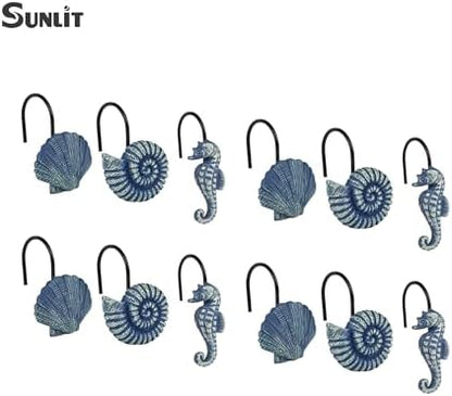 Sunlit Seashells Decorative Shower Curtain Hooks, Blue Ocean Creatures Coastal Shower Curtain Rings with Black Hooks, Resin, Nautical Bathroom Decoration Beach Shower Curtain Hooks, Set of 12