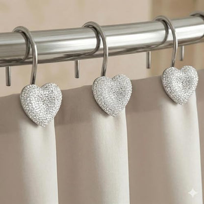 Clear Bling Shower Curtain Hooks: Cute Heart Bathroom Curtain Rings, 12Pcs