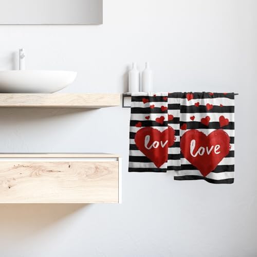 Red Love Heart Hand Towel Set of 2 for Kitchen Bathroom,Black White Stripe Valentine's Day Absorbent Towel Fingertip Face Towels 14x28 Holiday Wedding Anniversary Decor