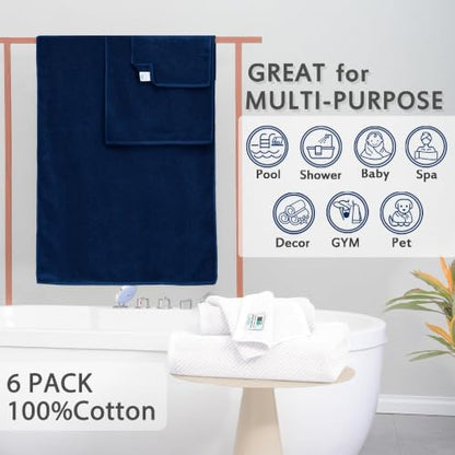 VOOVA & MOVAS 6PC Towel Set, 100% Cotton, Blue White