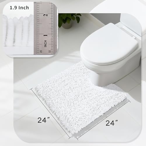 Yimobra Toilet Rugs U Shaped Washable, Extra Thick Soft Absorbent Chenille Contour Bathroom Rugs for Toilet 24x24 Inch, Quick Dry Non Slip Toilet Mat for Bath Floor, White