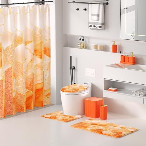 XLHOMO Bathroom Set - 26PC Bathroom Set with Shower Curtain and Rugs, Bathroom Accessory Set, Orange Bathroom Accessories Set, Trash Can & Soap Dispenser