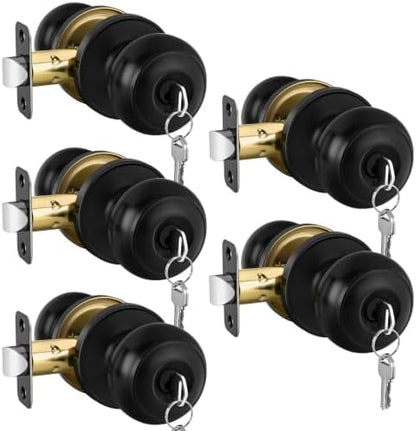 Haidms 5 Pack Matte Black Door Knobs with Lock and Key, Keyed Alike Keyed Entry Door Knobs Exterior, Black Doorknobs for Bedroom