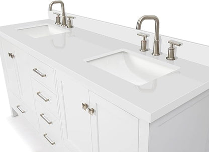 ARIEL Cambridge 72-inch Bathroom Vanity with Sink,Solid Wood, 1.5-inch Pure White Quartz Countertop & Backsplash, Double Rectangular Porcelain Sink, 4 Soft Closing Doors, 6 Dovetail Drawers, White