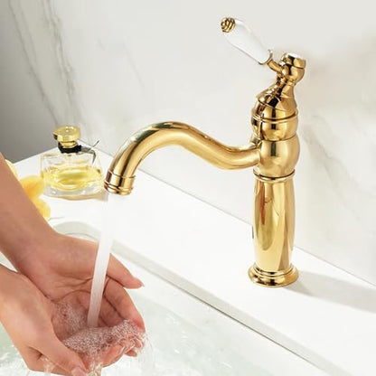 360° Rotatable Vintage Brass Bathroom Faucet - Short Single Handle Mixer Tap - Golden Sink Mixer for Kitchen & Bathroom, Stylish & Design
