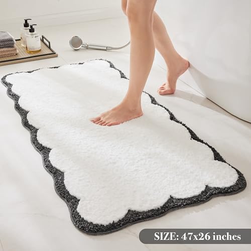 Ohocut Luxury Microfiber Scalloped Runner Rug, Black Scalloped Piping White Long Bathroom Rug Modern Preppy Bath Mat for Bathroom, Tub, Sink, Shower, Anti Slip, Extra Soft, Absorbent, 47x24