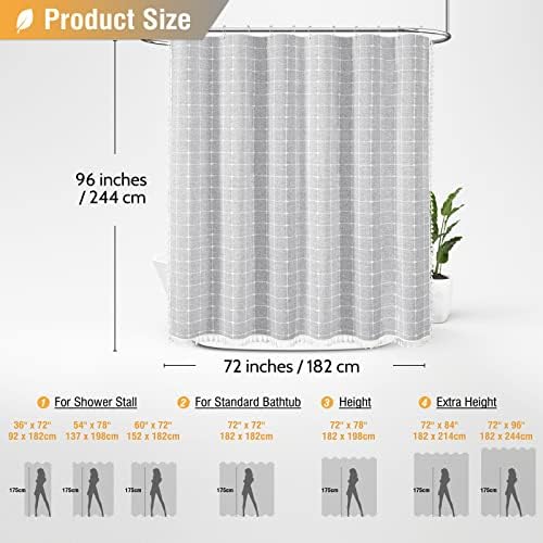 BTTN Extra Long Boho Farmhouse Linen Shower Curtain Set, 72x96, Gray/Grey