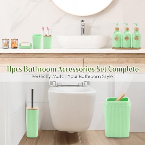 XLHOMO Green Bathroom Accessories Set 17PCS Bathroom Set with Trash Can 3PCS Lotion Soap Dispenser, Toothbrush Holder, 6PCS Wood Tags Bath Accessories with Tray for Kitchen Bathroom