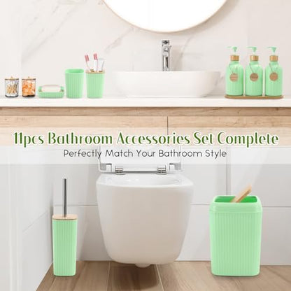 XLHOMO Green Bathroom Accessories Set 17PCS Bathroom Set with Trash Can 3PCS Lotion Soap Dispenser, Toothbrush Holder, 6PCS Wood Tags Bath Accessories with Tray for Kitchen Bathroom