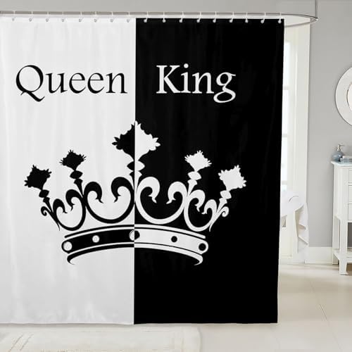 Crown Queen And King Curtains,His And Hers Matching Couple Bathroom Waterproof Accessories with 12 Hooks for Girls Boys Teens, Romantic Valentine'S Day Black And Red Fabric Shower Curtain,72x84 Inches
