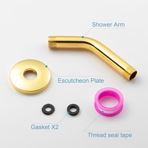 OFFO Shower Arm with Flange, 6 in Bright Gold Wall Mount Replacement Angle Shower Head Arm Wall-Mounted For Fixed Shower Head & Handheld Showerhead