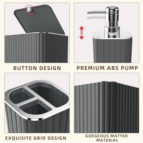 XLHOMO 26PC Bathroom Accessories Set - Gorgeous Grey Bathroom Set, Bathroom Accessory Set, Shower Curtain Set with Bathtub Mats for Shower Tub, Trash Can & Soap Dispenser