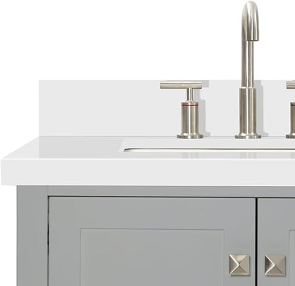 DKB Beckford 72 Inch Bathroom Vanity Double Sink — Grey Bathroom Vanity with Sink, 1.5" Edge Pure White Quartz Countertop & Backsplash, 4 Soft-Close Doors, 6 Dovetail Drawers