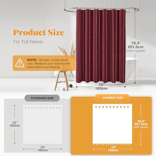 BTTN 72x78 Long Boho Farmhouse Linen Heavy Duty Shower Curtain, Burgundy