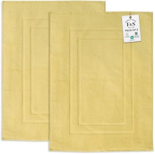 Feather & Stitch 2 Piece Towel Like Bath Mats (30x21 Inch) 100% Cotton Terry Bath Mats, Bathroom Shower Floor Mats [NOT A Bathroom Rug], Soft Absorbent Washable Mats - Yellow