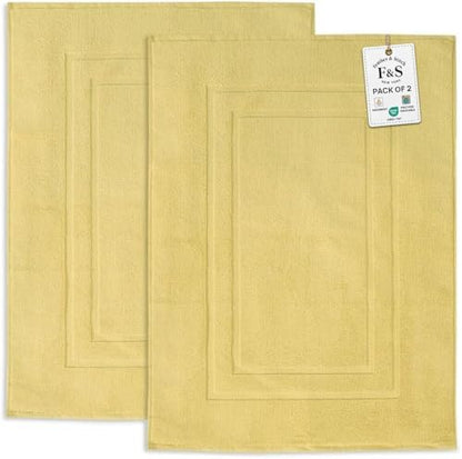 Feather & Stitch 2 Piece Towel Like Bath Mats (30x21 Inch) 100% Cotton Terry Bath Mats, Bathroom Shower Floor Mats [NOT A Bathroom Rug], Soft Absorbent Washable Mats - Yellow