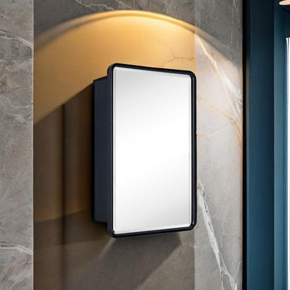 TEHOME Surface Mount 16x24 Black Bathroom Medicine Cabinet with Mirror Matt Black Metal Framed Rounded Rectangle Medicine Cabinet with Beveled Mirror