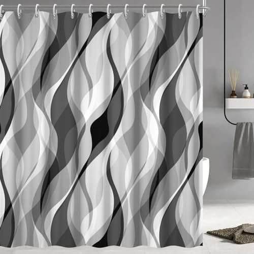 Grey Striped Shower Curtain Extra Wide 108x72 inch 18 Hooks