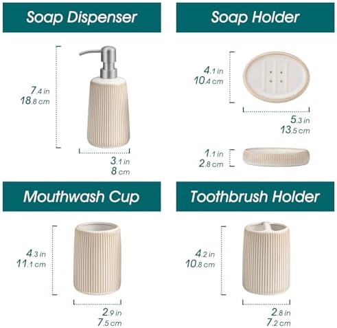vancasso Ceramic Bathroom Accessories Set 4 Piece, Soap Dispenser with Stainless Steel Pump, Toothbrush Holder, Tumbler and Soap Dish, Modern Relief Design, Bathroom Decor Organizer, Beige-White