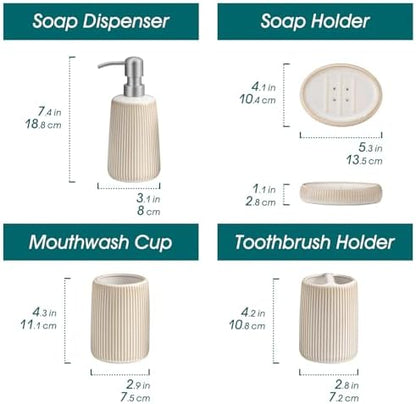 vancasso Ceramic Bathroom Accessories Set 4 Piece, Soap Dispenser with Stainless Steel Pump, Toothbrush Holder, Tumbler and Soap Dish, Modern Relief Design, Bathroom Decor Organizer, Beige-White