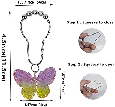 Butterfly Shower Curtain Hooks Rings,12Pcs Colorful Resin Pendants Accessories, Rustproof Rings Insect Garden Nature Theme Home Bathroom Decoration (Purple Pink Blue Pink Yellow)